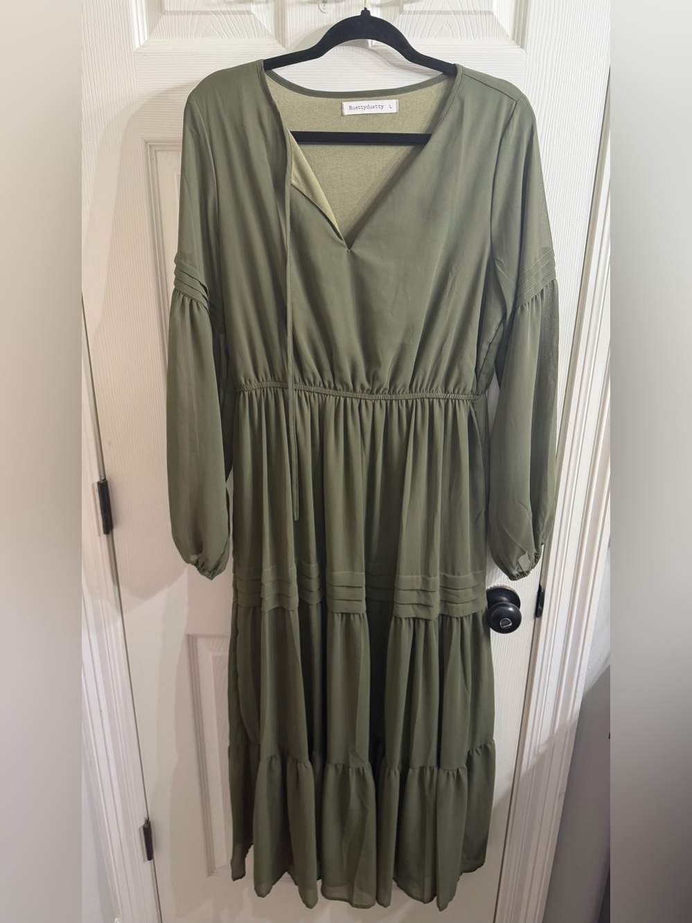 SHEIN Olive Green V-Neck Tiered Maxi Dress